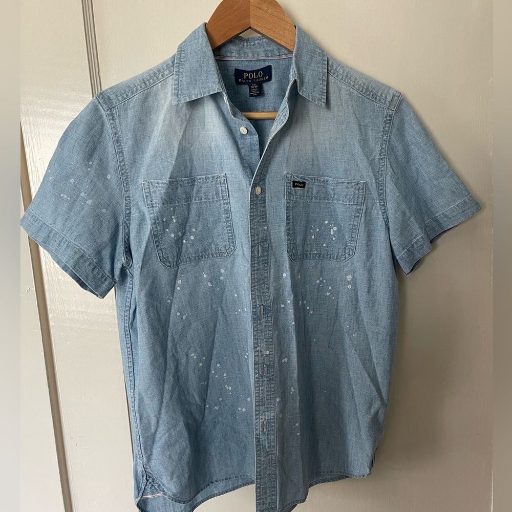 Kids Polo Ralph Lauren Denim White Splatter Button Down Chambray Size LG 14-16